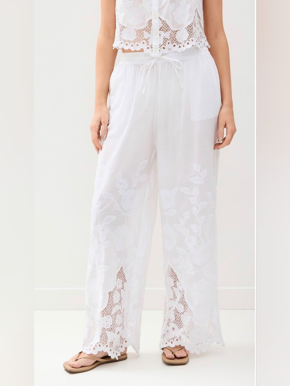 Vitamin A Flora Broderie White Wide-Leg Lace Cover Up Organic Cotton Pants